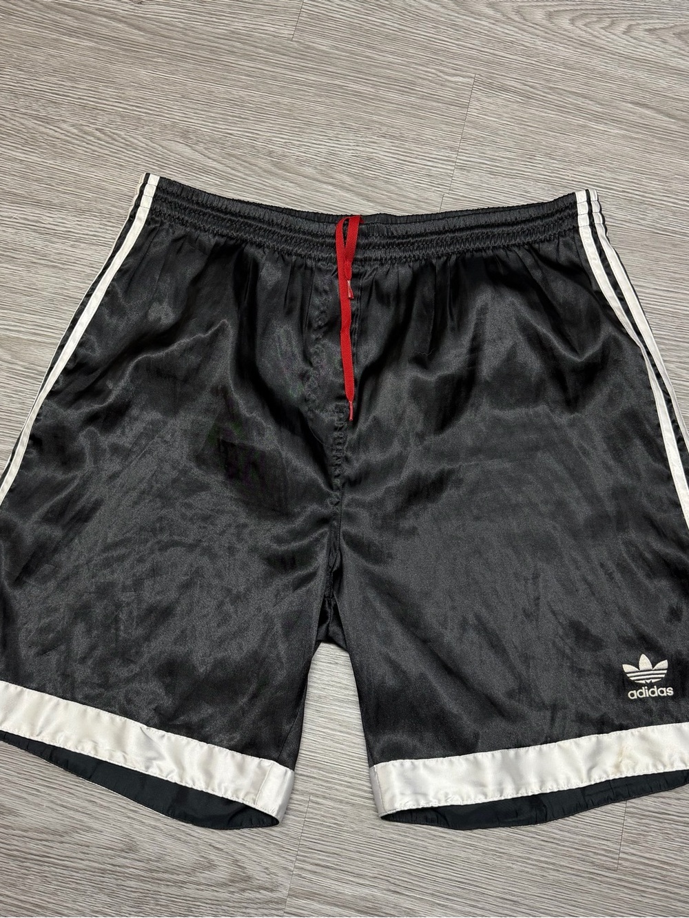 Vintage Y2K Adidas Shiny Satin Shorts Black Elastic Soccer Sz L Fit Bigger 2005